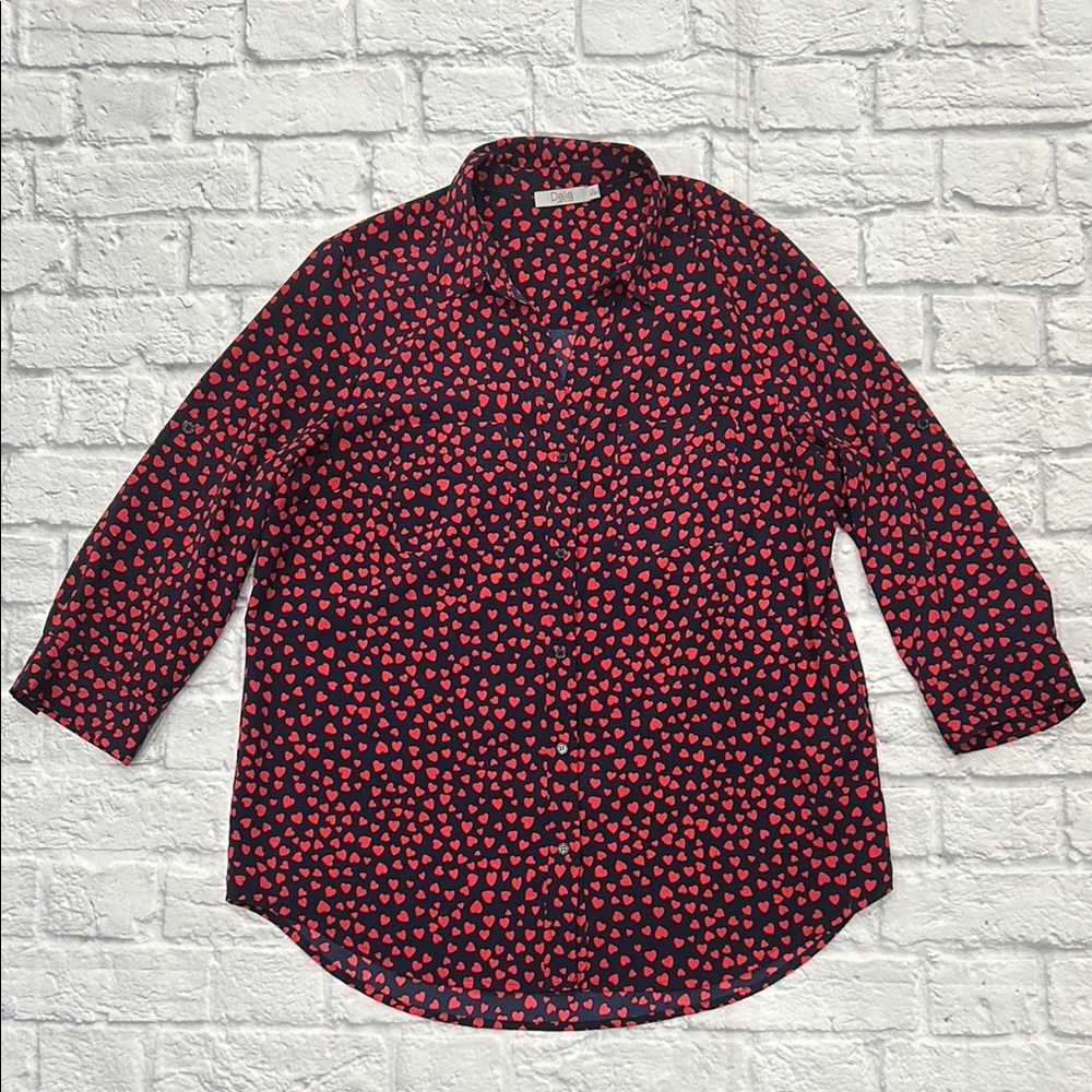 Navy Heart Print Button-Down Shirt